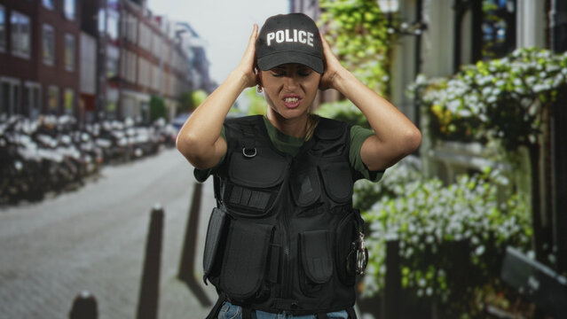 Woman police officer pressing hands to ears on street, wearing police cap and tactical vest; discomfort tension.