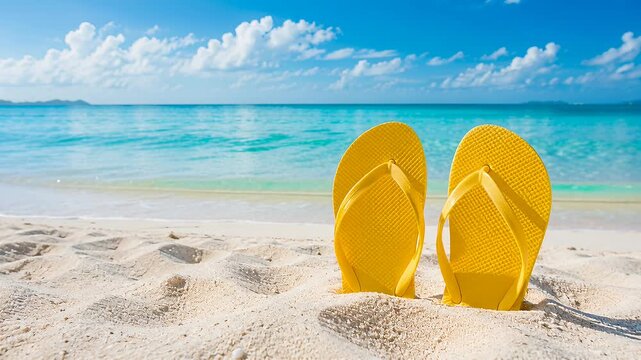 yellow flip flops on sunny beach by turquoise sea under blue sky