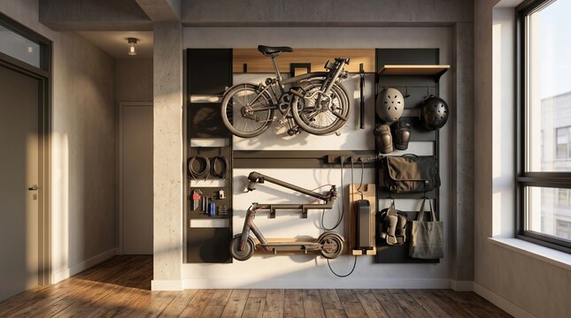 Folding bike and electric scooter on modern wall-mounted storage syste