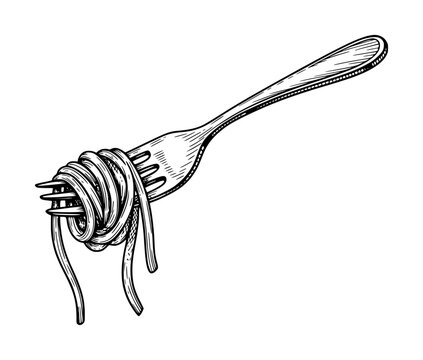 Hand-drawn of a metal fork with spaghetti pasta wrapped around the tines on a white background