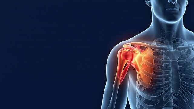 3D Medical Animation of Shoulder Joint Pain and Rotator Cuff Injury on Dark Blue Background