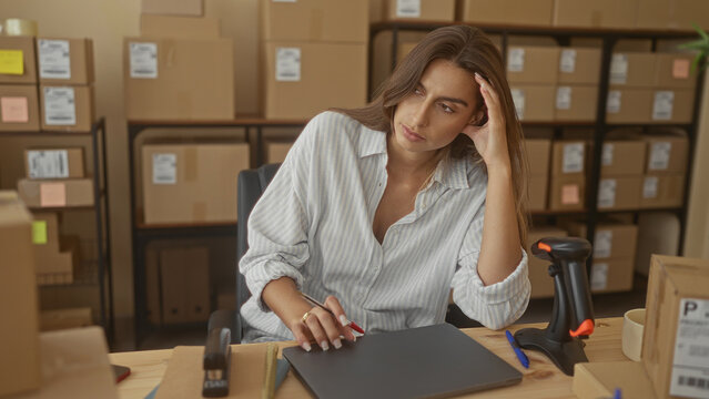 Woman at a packing desk touches her temple and reaches for a laptop in a storage building; small business stress.