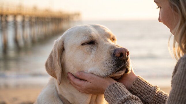 Woman lovingly caresses her golden labrador retriever dog on the beach during sunset