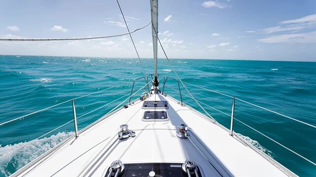 sailboat bow view on open sea under blue sky, sailing