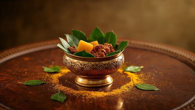 Traditional offering in ornate gold bowl with green leaves and fresh fruit pieces offering ceremony hinduism tradition spiritual religion blessing decorative celebration devotion humility