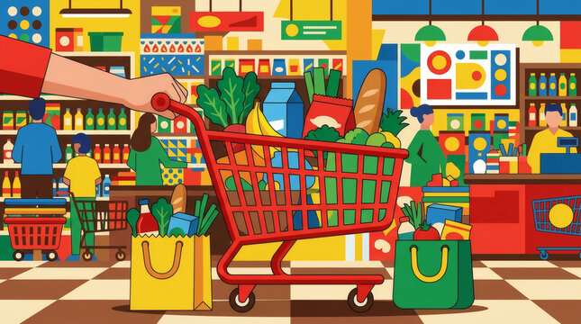 Grocery Shopping Scene In Supermarket With Full Red Shopping Cart And Colorful Groceries