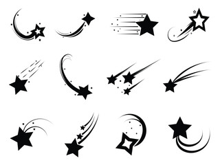 Shooting stars vector icon set. Set of flying star with comet tail, A set of silhouettes displays shooting stars in various forms, Black shooting stars isolated on white background. © Narayan