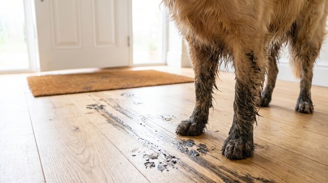 Wet and muddy golden retriever legs standing inside house after walking outdoors on rainy day.