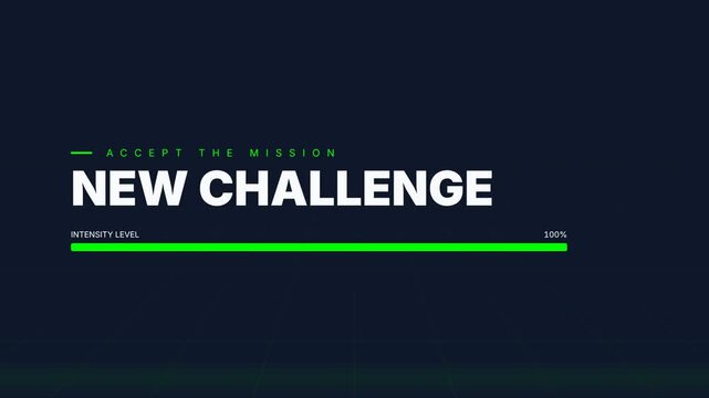Dynamic progress bar animation with "NEW CHALLENGE" text and "ACCEPT THE MISSION" subtitle, symbolizing completion, readiness, and overcoming obstacles, for technology and business concepts