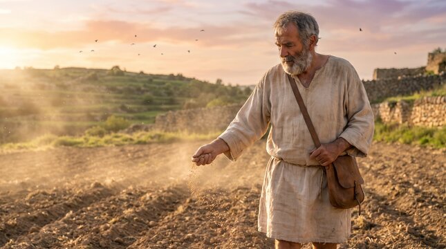 Judean farmer scattering seeds over plowed ground with dusty sunset backlighting, Parable of the Sower scene.