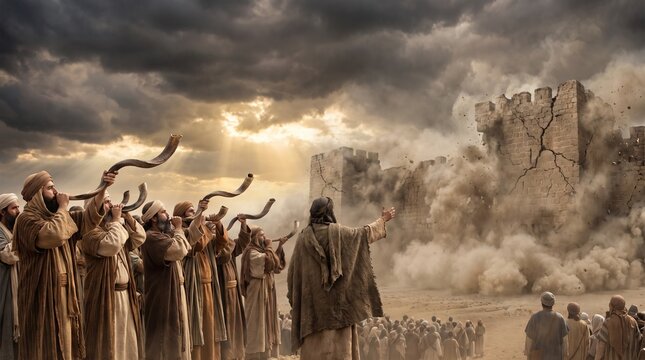 Prophet Joshua and priests blowing shofar rams horns as stone walls of Jericho collapse in dust clouds, biblical history scene.