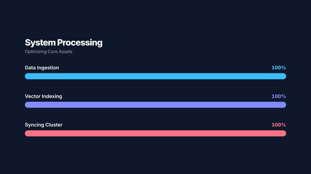 Dynamic system processing animation, colorful progress bars updating, data ingestion and indexing, seamless loop, symbolizing efficiency and technological advancement