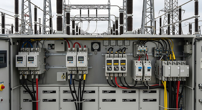 Industrial electrical control panel with multiple circuit breakers.