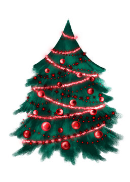 Hand painted watercolor Christmas tree wrapped in soft glowing lights, sparkle, and red ornaments, perfect for festive holiday cards and nursery wall art. Commercial use illustration.