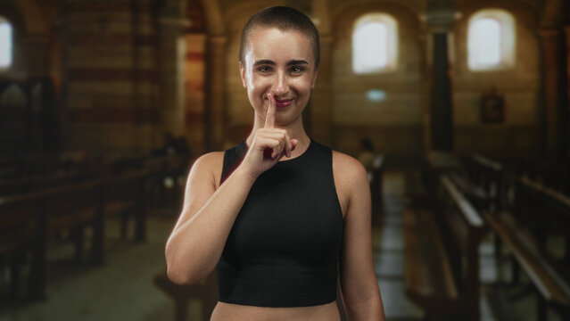Woman with short buzz cut pinches her nose with fingers inside a church building while smiling and closing her eyes; smell disgust.