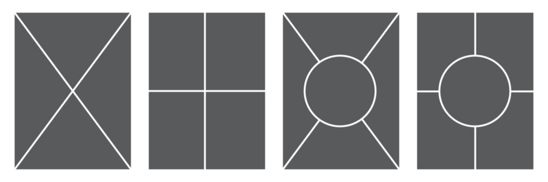 Set of collage grid manga comic storyboard layout panel blank template. Empty page frame for comic book, photo collage, poster, flyer. Vector illustration