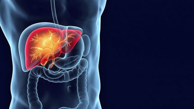 Glowing Red Liver Inflammation in 3D Medical Animation on Dark Blue Background