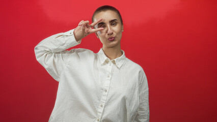 Obraz premium Woman flashing a victory sign with her hand near her eye, smiling in a white shirt in a studio red backdrop; playful confidence.