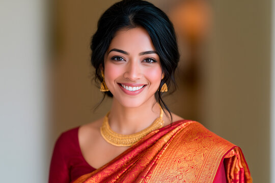 Happy Indian bride in traditional red sari and gold jewelry smiling indoors