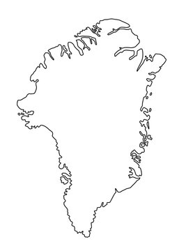 Vector map of Greenland, an autonomous territory of Denmark. Detailed black contour, isolated on white background.