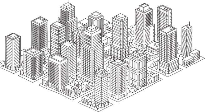 Isometric city skyline illustration with tall skyscrapers and urban buildings in a simple black and white line art style