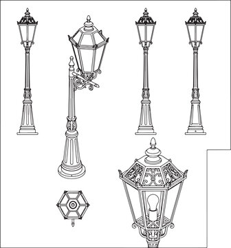 Set of vintage street lamp illustrations in black and white line art vector style