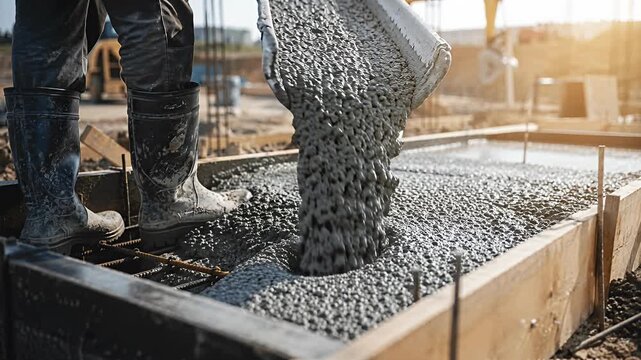 construction worker pouring concrete into wooden formwork at site
