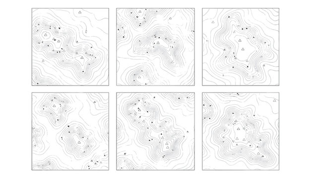 Topographic elevation maps showing detailed contour lines and mountain peak indicators in six clean black-and-white grids.