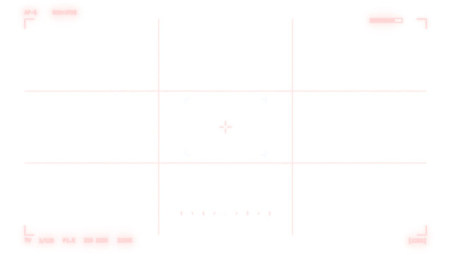 DSLR camera viewfinder overlay, composition grid with red crimson framing marks and exposure readout on transparent background