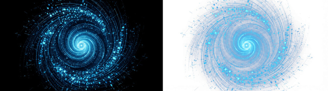 Glowing blue spiral galaxy, cosmic vortex of sparkling light particles. Abstract energy swirl on black and white backgrounds, 2 digital assets.