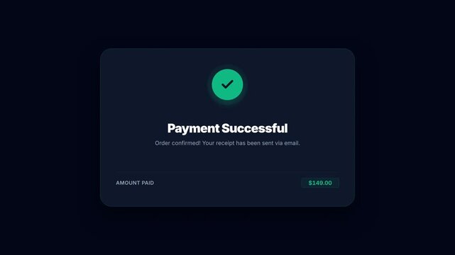 Payment processing animation, blue and green screens with checkmark, displaying payment processing and successful payment screens, symbolizing online transaction, e-commerce, and secure checkout.