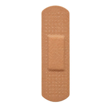 Single beige adhesive bandage with a textured surface and absorbent pad, isolated on a clean white background