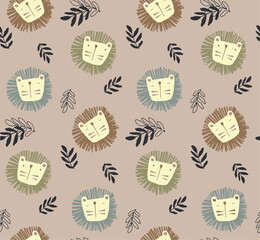 Cute lion faces with leafy branches in a repeating pattern on a muted pink background © SA Graphic Desing
