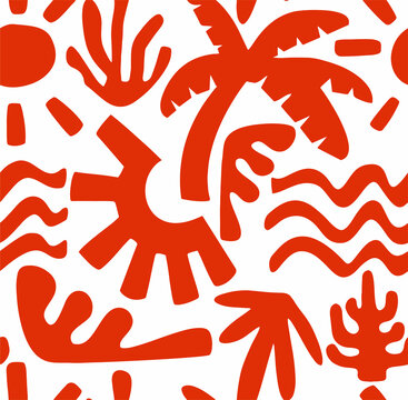 Abstract Red Tropical Shapes on White Background Seamless Pattern for Summer Design