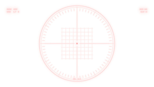 Military tactical scope overlay, grid pattern reticle in red crimson, sniper rifle sight with range and windage marks on transparent background