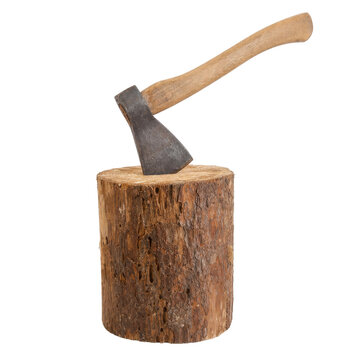 Old rusty axe with a wooden handle is stuck in a rough tree stump, isolated on a clean white background