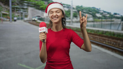 Naklejka premium Woman holding microphone and flashing rock horns on street near train tracks and waterfront during christmas; holiday joy.