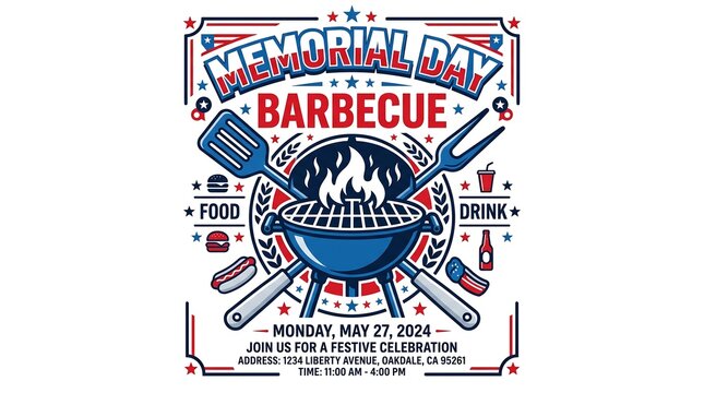 Memorial Day barbecue invitation with grilling utensils stars stripes and festive red white and blue color scheme