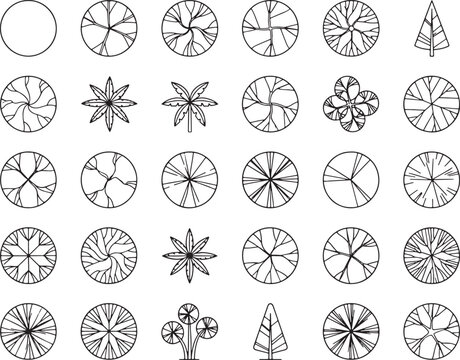 Set of hand drawn tree top view icons for architectural landscape design plans in black ink style