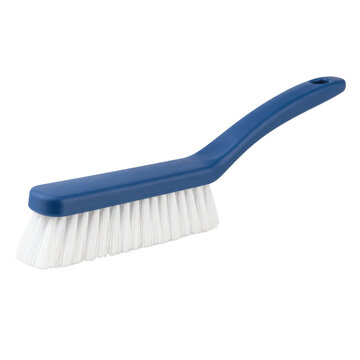 Blue plastic utility brush with white synthetic bristles is angled on a clean white background, highlighting its design