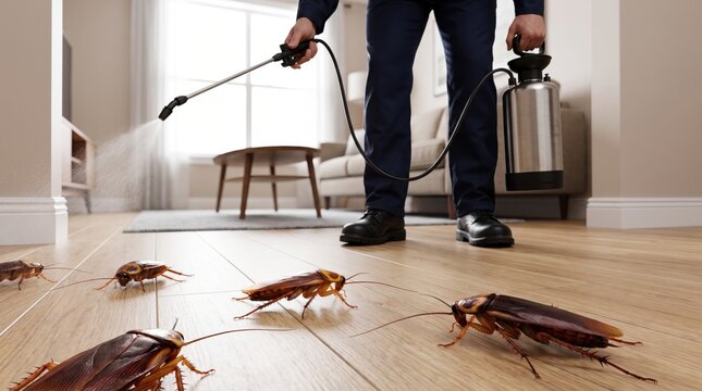 Professional pest control worker spraying insecticide chemical to eliminate cockroaches in living room.