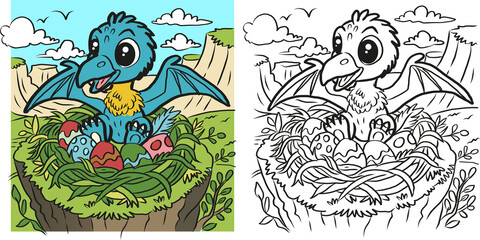 Cute baby pterodactyl sitting in a nest with eggs, shown as a colored example and black and white coloring page. Printable kids activity, part of a large prehistoric animals coloring collection. © Anna SV