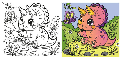 Cute baby triceratops with a butterfly in a prehistoric nature scene, shown as a colored example and black and white coloring page. Printable kids activity from a dinosaur collection. © Anna SV