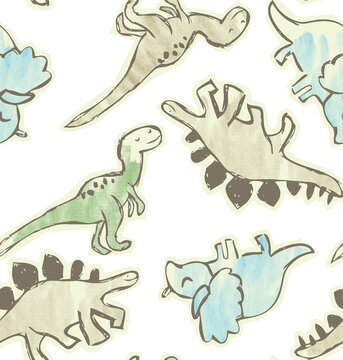 Whimsical watercolor dinosaurs in playful poses on a white background