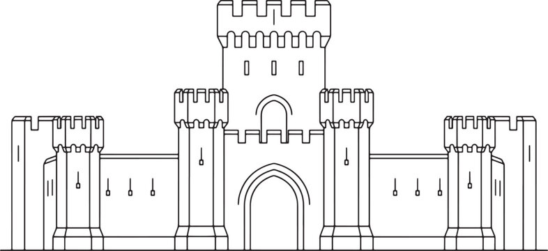 Minimalist line art illustration of a medieval castle with towers and a central gatehouse on white