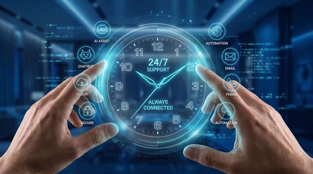 Hands interacting with 24/7 customer support holographic clock interface for automated AI communication solutions