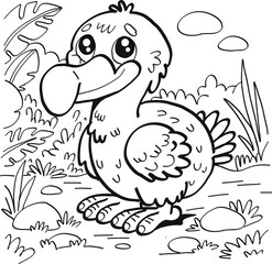 Cute dodo bird coloring page for boys and girls, designed for preschool creativity, fine motor development and coloring practice. Printable black and white vector artwork for children’s activity books © Anna SV