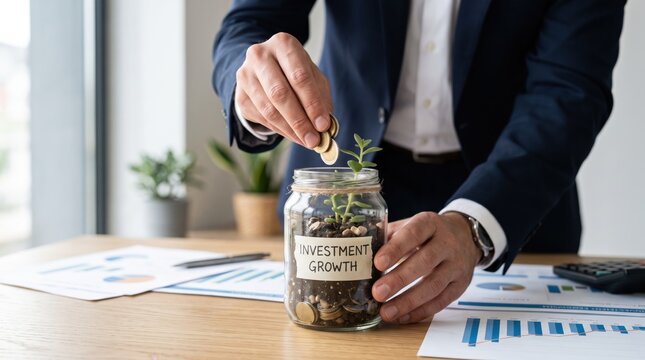 Businessman putting coins into glass jar with growing plant labeled investment growth, symbolizing financial savings, wealth accumulation, and profitable future planning strategy
