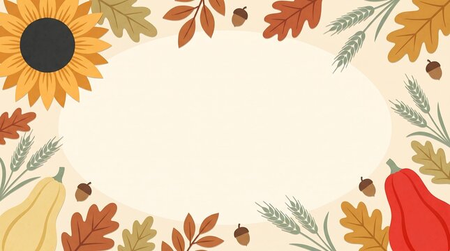 Autumn floral arrangement with sunflowers pumpkins wheat and acorns on a pale background for fall season designs