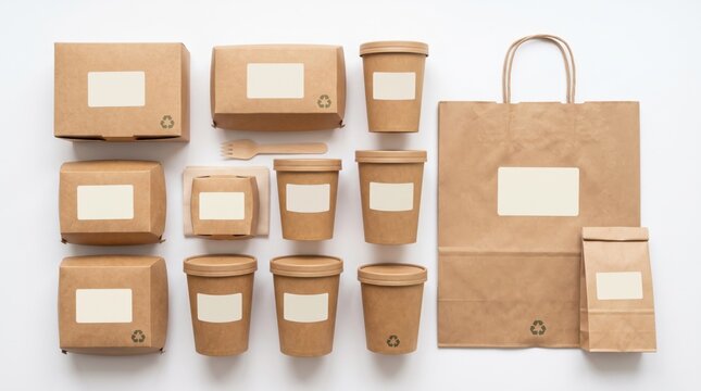 Assorted Brown Paper Food Packaging and Utensils on White Background